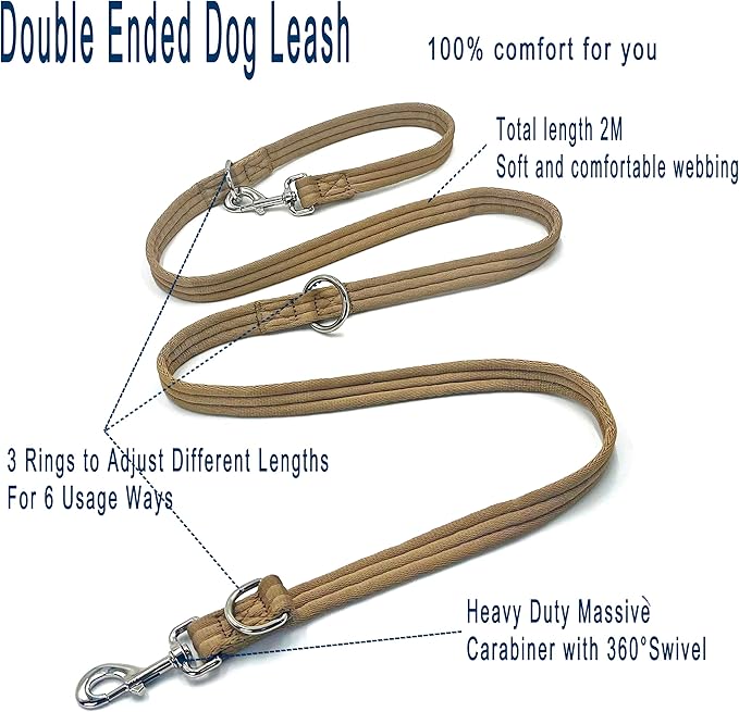 Dog Leash-Multifunctional Double Ended,for Obedience Training Or Distance Work Easy to Use,Lightweight,Soft&Durable Convertible Hands Free,Crossbody,Over Shoulder (Light Military Tan, 2M*2.5CM)