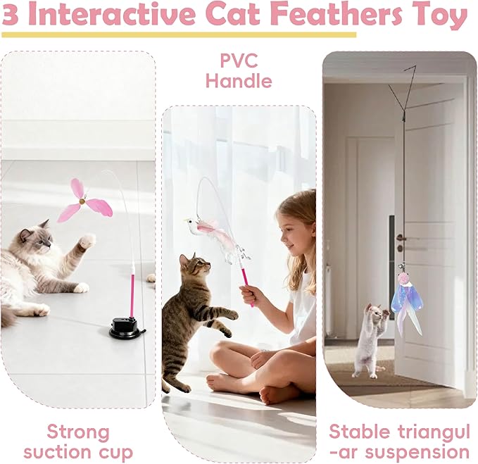 CUUOOT 7-in-1 Kitten Toys for Indoor Cats with Washable Adhesive Suction Cup, Hanging Interactive Cat Toys, Silvervine Stick and Sisal Chew Rope Catnip Teething Toy for Bored Kitten (Pink)