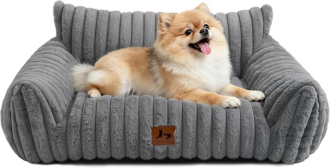 Warmrest Cat Couch for Pets, Cute Small Dog Couch Bed with Cozy Soft Faux Rabbit Fur for Small Dogs, Fuzzy Dog Couch for Indoor Cats, Supportive Pet Sofa with Removable Washable Cover, Light Gray, 30"