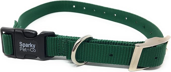 Sparky Pet Co - ECollar Replacement Strap - Easy Release Double Buckle Dog Collar - Rugged Nylon - Adjustable - D Ring - Quick Release Metal Clasp - for Invisible Fence Systems - 1" x 28" - Green