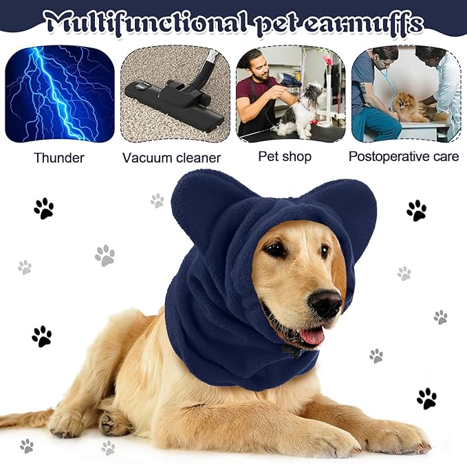 Clysee Winter Dog Hats Quiet Ears for Dogs Ear Muffs Pet Neck Warmer Scarf Hoodie Noise Protection Cover Beanie Head Wrap Costume for Pet Dog Cats(Dark Blue,S)