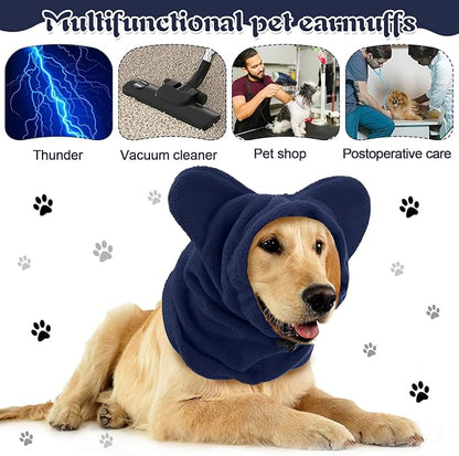Clysee Winter Dog Hats Quiet Ears for Dogs Ear Muffs Pet Neck Warmer Scarf Hoodie Noise Protection Cover Beanie Head Wrap Costume for Pet Dog Cats(Dark Blue,XL)