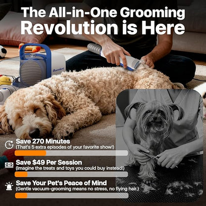 Dog Grooming Kit with Vacuum, 15000Pa Pet Hair Clipper and Shedding Brush, 50dB Low Noise, 2L Capacity, White
