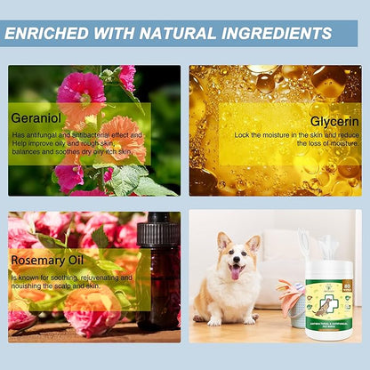 Natouch Antifungal and Antibacterial Wipes for Dogs & Cats, Dog Yeast Infection Treatment Wipes, All Natural Grooming Wipes for Cleaning, Help with Hot Spots, Ringworm, and Skin Infections, 80 Count