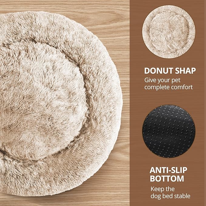 JOLLYVOGUE Calming Dog Bed Large Size Dog, Anti-Anxiety Donut Large Pet Bed, 36 inches Fluffy Faux Fur Round Cat Bed, Fits up to 75 lbs Pets (Cream Brown)
