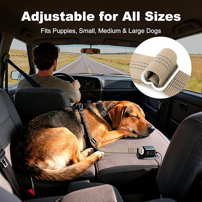 Dog Seat Belt for Car, Adjustable Dog Car Harness Seatbelt for Small Medium Large Dogs, Heavy Duty Travel Safety Restraint with Locking Aluminum Hook & Reflective Nylon Strap, Beige