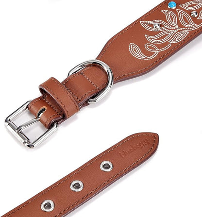 Blueberry Pet Western Dog Collar in Canyon Brown - 15-18 Inch Necks Floral-Embroidered Leather with Turquoise Studs, Dog Collars for Medium Dogs, Adjustable Leather Girl Dog Collar