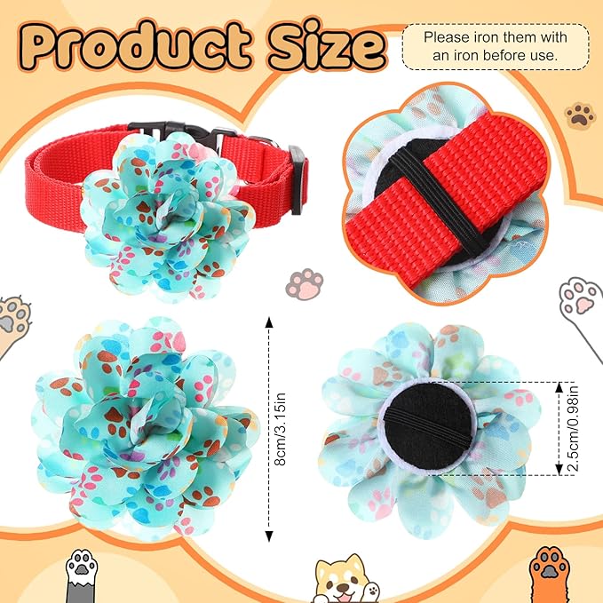 50 Pieces Paw Print Dog Collar Flowers Bulk Dog Paw Print Charms Grooming Accessories Bow Tie Flower for Pets Cat Collar Attachment Embellishment