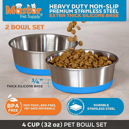 Master Pet Supply Stainless Steel Dog Bowls Set of 2 with Extra Thick Silicone Base - 4 Cup (32 oz) True Blue, Non-Slip, Dishwasher Safe Metal Bowls, Pet Dog Food Bowl for Dogs, Cats, Anti Rust