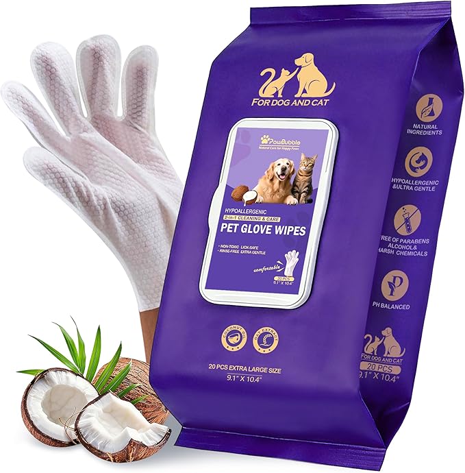 PawBubble Pet Wipes, Cleaning Glove Wipes for Dogs & Cats Hypoallergenic, Lick-Safe, Full-Body Grooming & Deodorizing Wipes for Daily Care, Home & Outdoor Use (20 Counts)