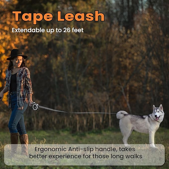 PetVest Retractable Dog Leash – Extendable up to 16 FT, Heavy Duty Nylon Tape, No-Tangle, One-Handed Brake & Lock, for Small to X-Large Dogs up to 110 lbs (Black)