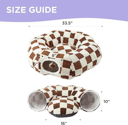 Lesure Cat Tunnel Bed for Indoor Cats - Cute Cat Donut Tunnel Toys for Small Large Cats with Washable Circle Cushion, Round Pet Peekaboo Cave Toy for Kitten/Puppy/Rabbit, Standard Brown Checks