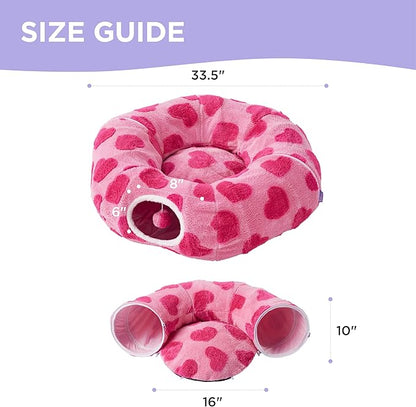 Lesure Cat Tunnel Bed for Indoor Cats - Cute Cat Donut Tunnel Toys with Washable Circle Cushion, Valentine's Day Gifts for Cats, Round Pet Peekaboo Cave Toy for Kitten, Standard Lover Hearts