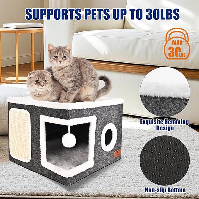 Felt Cat Cave Beds for Indoor Cats, Foldable Cat Hideaway with Scratch Pad and Fluffy Ball, Large Covered Cat House with Reversible Cushion for Multi Small Pet