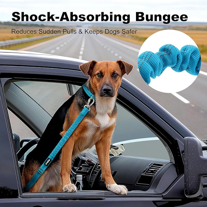 APakBak Dog Seat Belt for Car, Adjustable Dog Car Harness Seatbelt for Small Medium Large Dogs, Heavy Duty Travel Safety Restraint with Locking Aluminum Hook & Reflective Nylon Strap, Light Blue