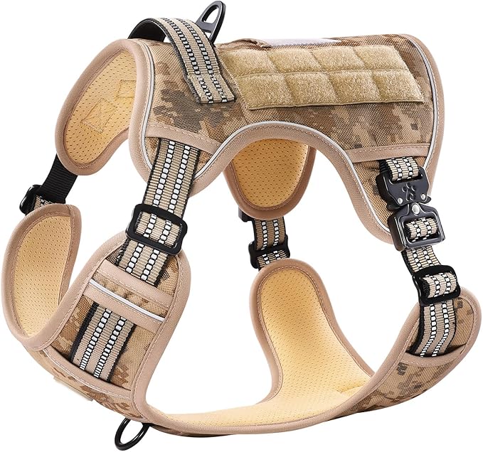 PawsPassion No Pull Dog Harness for Large Dog, Heavy Duty Tactical Adjustable Pet Harness, Voyager Service Walking Vest Harness with Easy Control Handle Reflective Strip (Dune Patrol, XL)