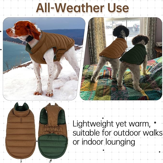 Lelepet Reversible Dog Coat Waterproof Dog Jacket Windproof Puffer Vest for Winter Warm Lightweight Coats for Small Dogs Adjustbale Hook & Loop Pet Apparel with Leash Hole, Chihuahua, Brown, XS
