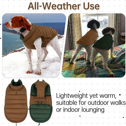 Lelepet Reversible Dog Coat Waterproof Dog Jacket Windproof Puffer Vest for Winter Warm Lightweight Coats for Small Dogs Adjustbale Hook & Loop Pet Apparel with Leash Hole, Pug, Brown, M
