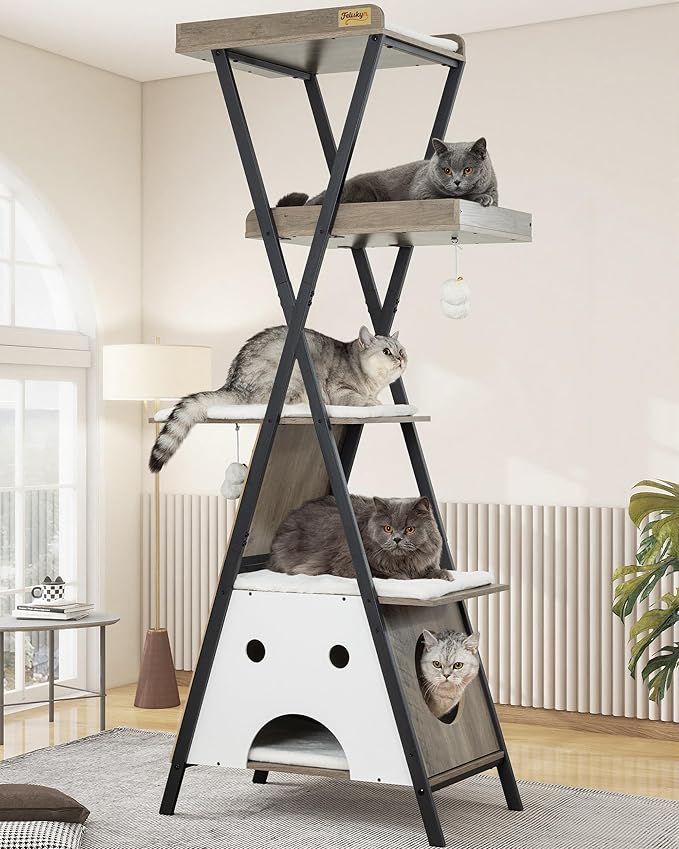 Modern Wood Cat Tree Tower for Indoor Cats Large Adult - 67 Inch Tall Multi-Level Heavy Duty Cat Condo Trees Furniture with Caves Perch Bed Scratching Board - XL Big Sturdy Wooden Kitty Climbing House