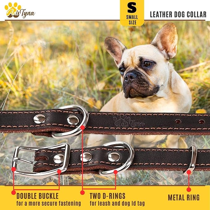 Heavy Duty Leather Dog Collar for Small Dogs - Soft and Strong Dog Collar for Puppy (Small: Fit 10" - 14.5" Neck, Brown)