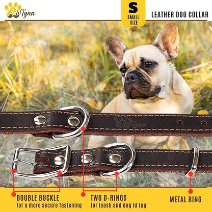 Heavy Duty Leather Dog Collar for Small Dogs - Soft and Strong Dog Collar for Puppy (Small: Fit 10" - 14.5" Neck, Brown)