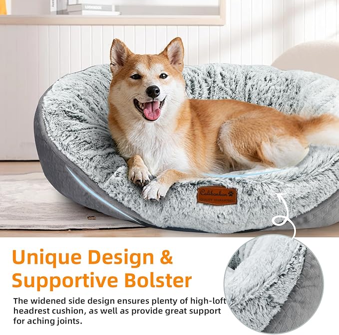 Calibonbon Long Fur Pet Bed for Medium Dogs, Plush Cat Bed with Bolster, Machine Washable Dog Bed with Non-Slip Waterproof Bottom, Orthopedic Support for Warmth & Security, 25x22 Inches