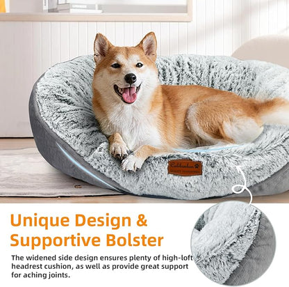 Calibonbon Long Fur Pet Bed for Medium Dogs, Plush Cat Bed with Bolster, Machine Washable Dog Bed with Non-Slip Waterproof Bottom, Orthopedic Support for Warmth & Security, 25x22 Inches