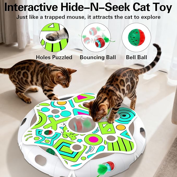 Interactive Cat Toy Playset, Hide and Seek Toy with Motion Activate Cat Ball, 2 Kitten Toys Bell Ball, Exercise Toys for Indoor Bored Adult Cats