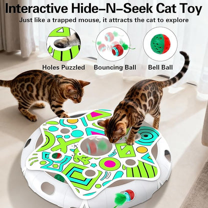 Interactive Cat Toy Playset, Hide and Seek Toy with Motion Activate Cat Ball, 2 Kitten Toys Bell Ball, Exercise Toys for Indoor Bored Adult Cats