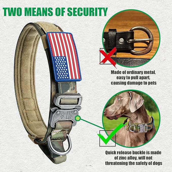 Tactical Dog Collar and Bungee Leash, Camo Military Dog Collar & Leash Set with USA American Flag Adjustable K9 Collar with Heavy Duty Metal Buckle & Handle,with Patches and Airtags Case (L, Camo)
