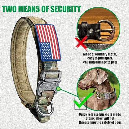 Tactical Dog Collar and Bungee Leash, Camo Military Dog Collar & Leash Set with USA American Flag Adjustable K9 Collar with Heavy Duty Metal Buckle & Handle,with Patches and Airtags Case (XL, Camo)