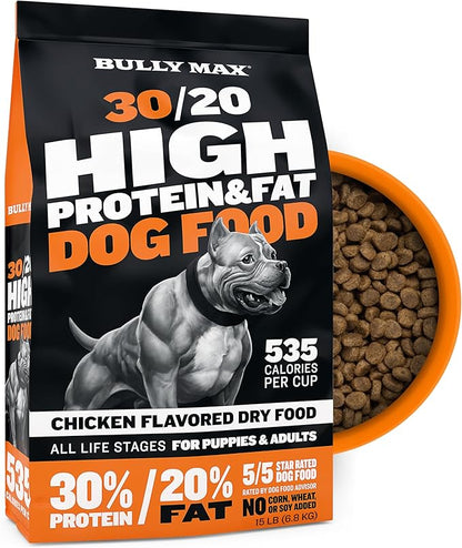 Bully Max Dry Dog Food for Adults & Puppies - High Protein & Fat for Muscle & Weight Gain - High Performance Dog Food Supplements - Small & Large Breed Dogs (535 Calories Per Cup), Chicken, 15lb Bag
