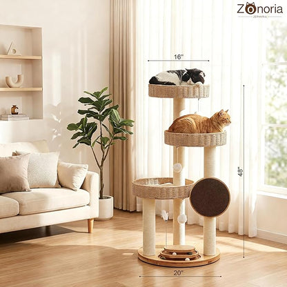 Solid Wood Cat Tree,Modern Cat Tower with Scratching Posts, Hand-Woven Beds & Toys | Heavy-Duty 20lbs Capacity,Indoor Cat Furniture for Big Cats
