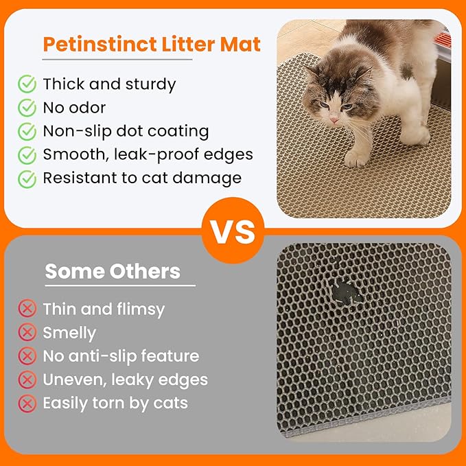 Petinstinct Extra Large Cat Litter Mat, 30x22 Inches Honeycomb Double Layer Cat Litter Trapping Mat, Non Slip Waterproof Urine Proof Large Kitty Litter Box Mat for Floor, Kitten Supplies, XL, Beige