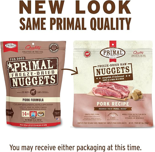 Primal Freeze Dried Raw Dog Food Nuggets, Pork, Complete & Balanced Meal, Also Use as Topper or Treat, Premium, Healthy, Grain Free, High Protein Raw Dog Food, 14 oz (Pack of 4)