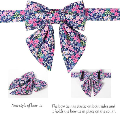 Lionet Paws Floral Dog Collar with Sailor Bow, Spring Wildflowers Daisy Fleabane Dog Collar Bow Tie for Puppies, XS, Neck 8-12 inches