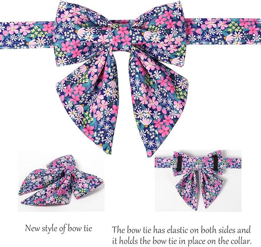 Lionet Paws Floral Dog Collar with Sailor Bow, Spring Wildflowers Daisy Fleabane Dog Collar Bow Tie for Dogs, Small, Neck 10-16 inches