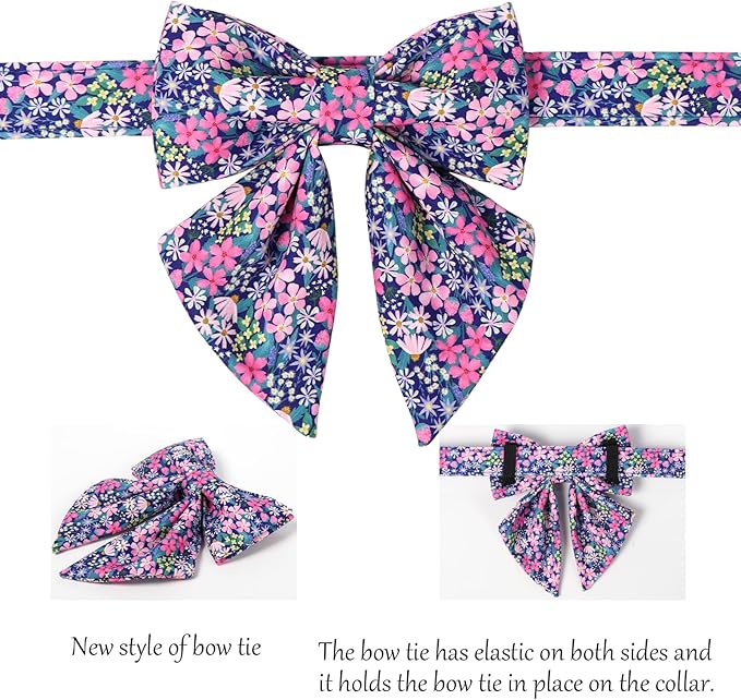 Lionet Paws Floral Dog Collar with Sailor Bow, Spring Wildflowers Daisy Fleabane Dog Collar Bow Tie for Large Dogs, Neck 16-24 inches