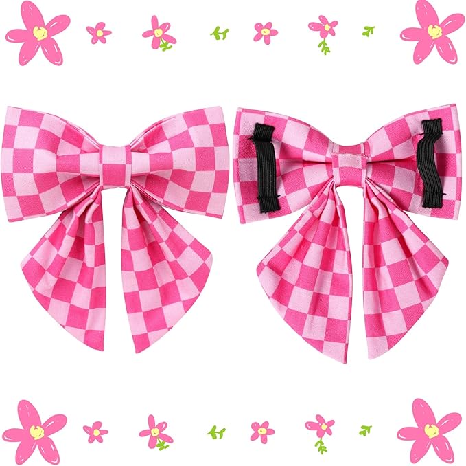 Dog Collar with Bow Tie,UP URARA PUP Pink Plaid Bowtie Dog Collar, Summer Bowtie Collar for Puppy Boy Girl Dog, Comfortable Cotton Dog Collar with Metal Buckle,XS