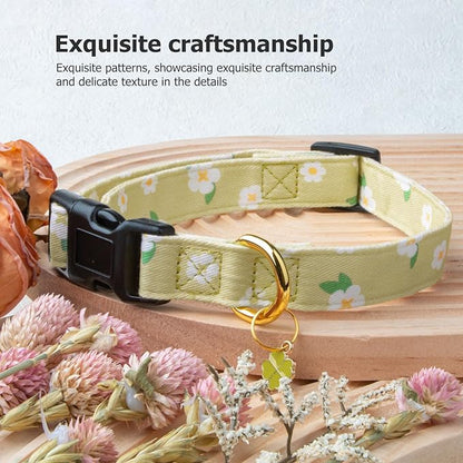 Cotton Handmade Dog Collar Cute and Distinctive Patterns Green Flower with Pendant for Girl Boy Dogs Collars S