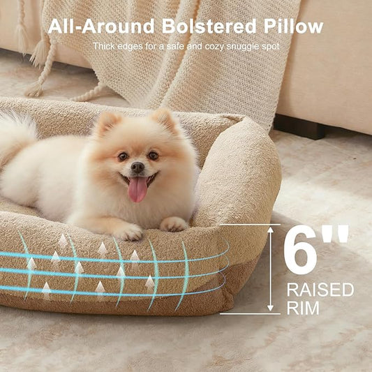 FURTIME Washable Small Dog Bed, Rectangle Comfy Fluffy Kitten Puppy Bed, Removable Zipper Cover Machine Wash, Soft Breathable Orthopedic Bed Durable Pet Cuddler with Anti-Slip Bottom, 20"x19"x6",Beige
