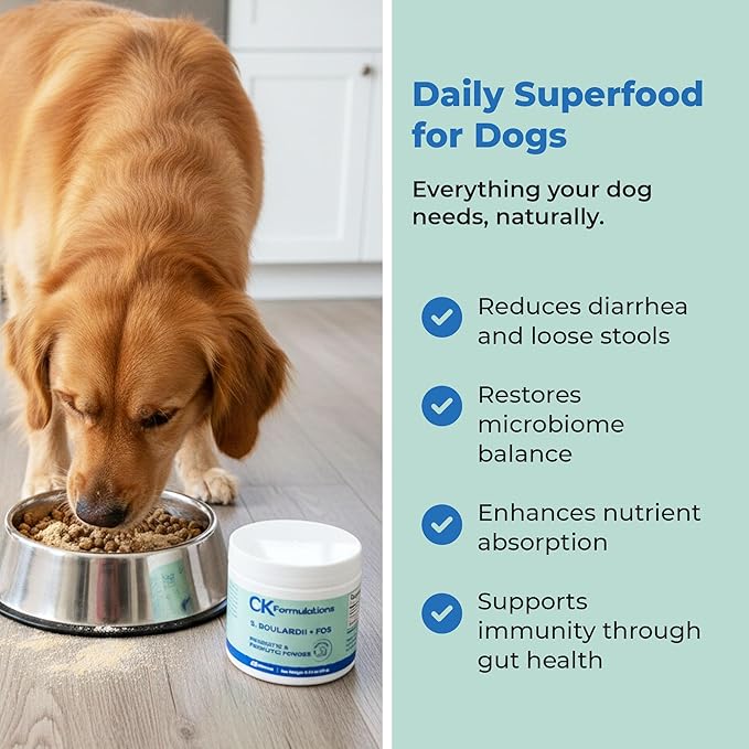 CK Formulations | S boulardii + FOS for Dogs and Cats | Probiotic and Prebiotic Powder | Support Gut Health, Diarrhea | 6 Billion CFU | 60g