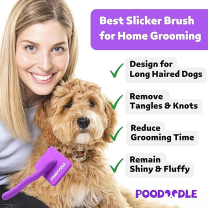 Poodoodle Dog Slicker Brush, Grooming Tool for Poodle, Doodle, Goldendoodle & All Long Haired Dogs, Long Pin Wood Brush Pefect for Dematting & Detangling, Effortless Grooming Pet Hair At Home - Large