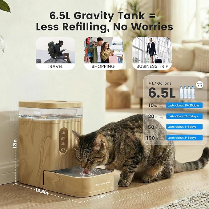 Gardner Pet 1.7 Gallon Automatic Dog Water Bowl Dispenser 6.5L Gravity Water Feeder with Stainless Steel Bowl & Maifan Stone Filter, BPA-Free for for Cats and Dogs (Brown, 1.7 Gallon)
