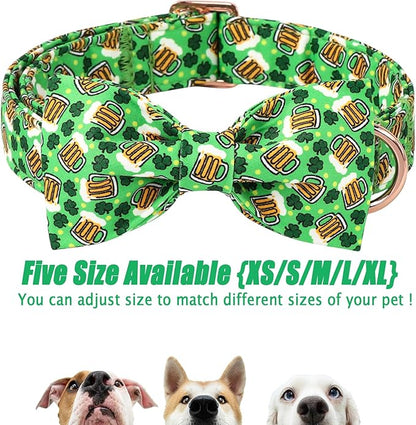 St Patricks Day Dog Collar with Bow Tie - Cotton Beer Clover Green Bowtie Dog Collar Adjustable Heavy Duty Holiday Dog Collars for Small Medium Large Dogs L