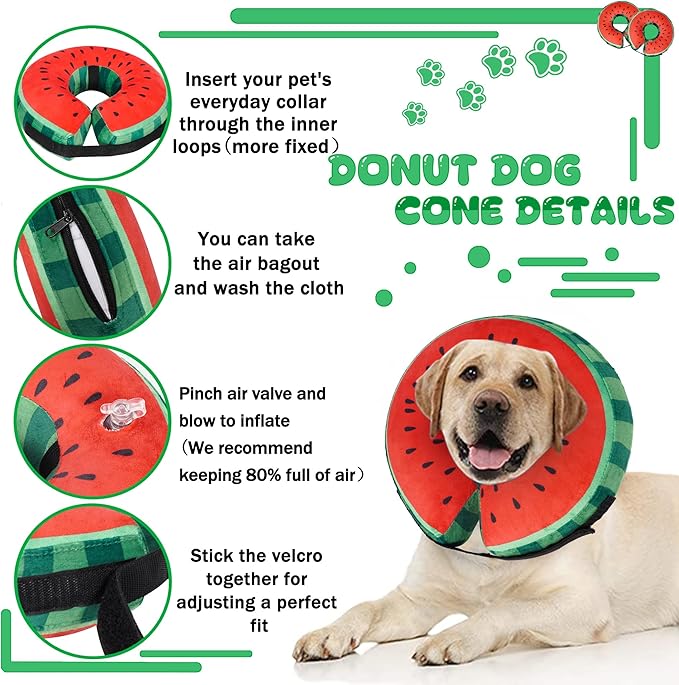 Recovery Donut Collar for Dogs & Cat,Inflatable Dog Collar Alternative After Surgery,Soft Cone for Large Medium Small Pet(Watermelon,Small)