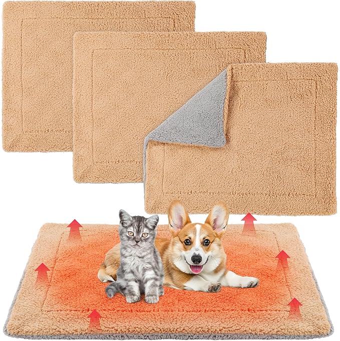 Novabright 3 Pack Self Warming Dog Bed for Large Dog 27x35 Inch Mat Self Heating Cat Reflects Body Heat Extra Warm Thermal Pet Pad Washable Cat Bed for Outdoor Indoor Large Kittens Puppy(Grey/Camel)