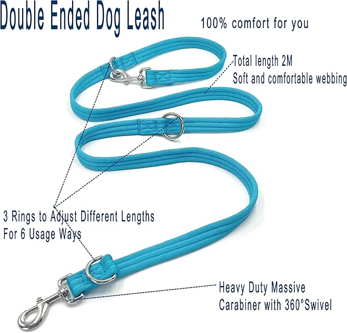 Dog Leash-Multifunctional Double Ended,for Obedience Training Or Distance Work Easy to Use,Lightweight,Soft&Durable Convertible Hands Free,Crossbody,Over Shoulder (Blue, 2M*2.5CM)
