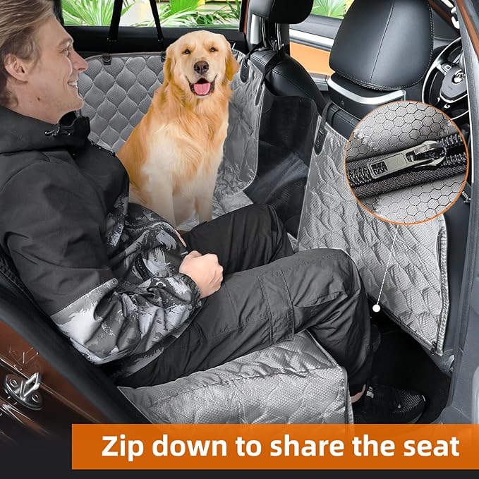 PETICON Dog Car Seat Cover with Mesh Window, 100% Waterproof Pet Seat Cover for Back Seat, Scratchproof Dog Hammock for Cars, Trucks, SUVs, Jeeps (Gray)