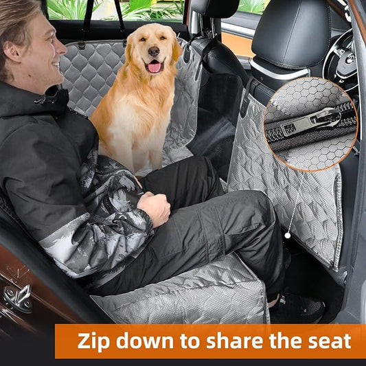 PETICON Dog Car Seat Cover with Mesh Window, 100% Waterproof Pet Seat Cover for Back Seat, Scratchproof Dog Hammock for Cars, Trucks, SUVs, Jeeps (Gray)